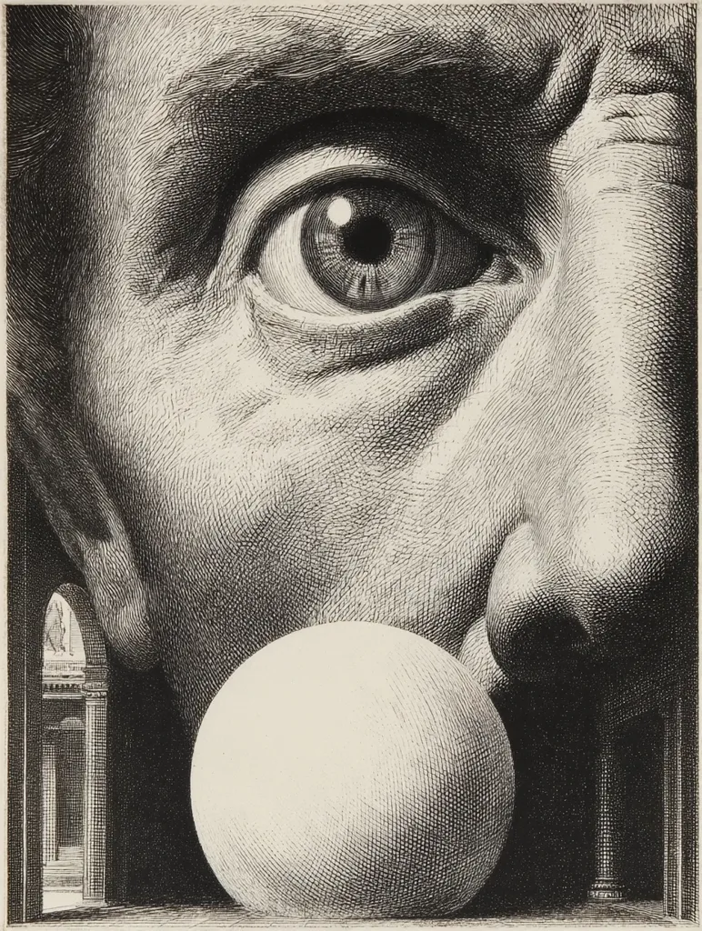 A black and white print showcases a dramatically oversized eye and portion of a face, rendered with meticulous detail in cross-hatching.  The immense scale of the facial features dwarfs a smooth, spherical object positioned in the lower foreground.  A classical architectural element is partially visible in the background, adding depth and contrast to the composition's surreal perspective.