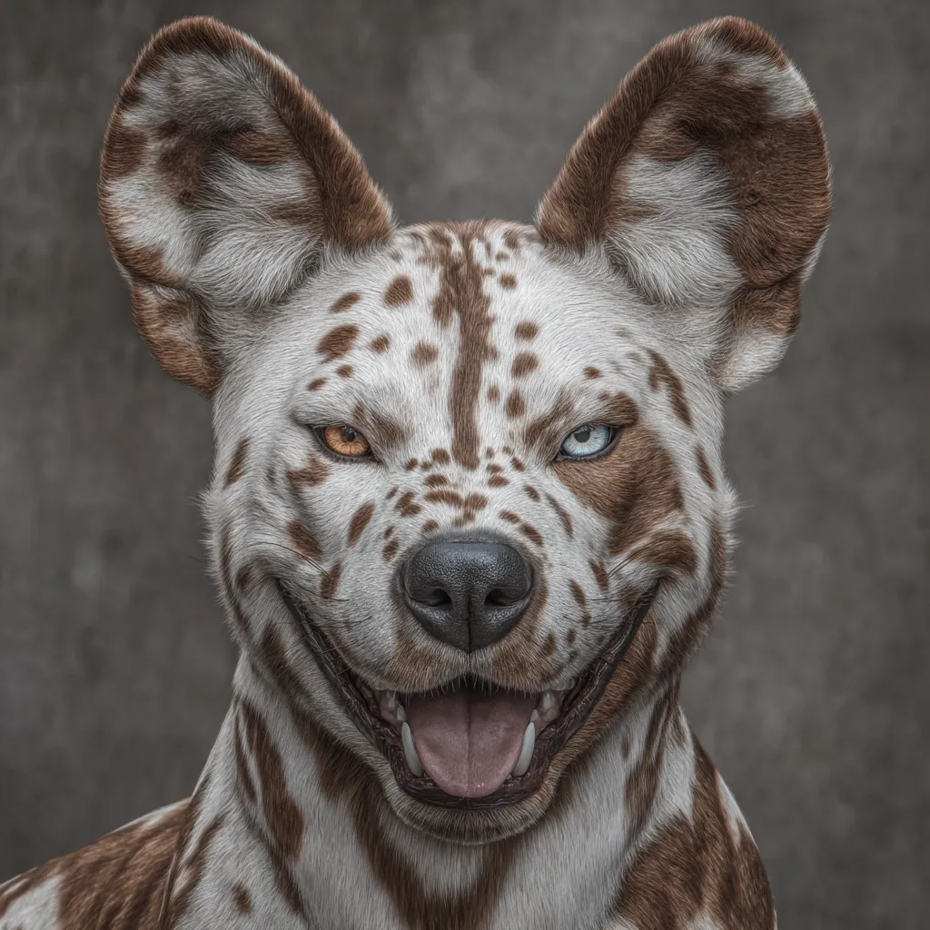 A close-up portrait of a digitally created canine.  The creature boasts large, expressive ears and a coat predominantly white with brown spots.  Its most striking feature is its heterochromia iridum, one eye amber and the other blue.  The dog's expression is a curious blend of playful and slightly mischievous, its mouth slightly open in a grin. The background is a muted grey.