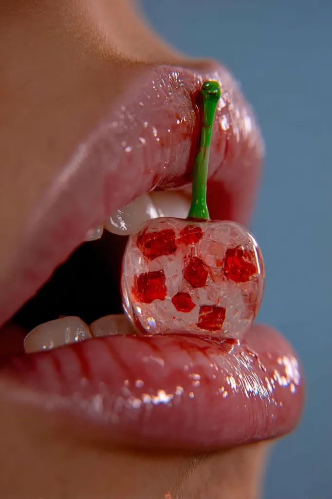 Close-up of a person's glossy lips with a translucent, red, jewel-like cherry held between their teeth. The cherry stem is green and appears to be slightly embedded in the lip.  The image is highly saturated and focuses on the texture and shine of the lips and the unique, almost crystalline, appearance of the cherry. The overall aesthetic is vibrant and slightly surreal.