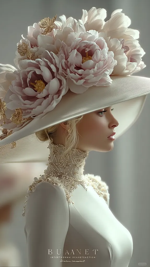 A woman in profile wears a large, wide-brimmed hat adorned with blush-pink peonies and gold accents. The hat complements her elegant, high-necked, beaded ivory gown. Her blonde hair is styled in a neat updo. The overall image evokes a sense of timeless beauty and sophistication, possibly inspired by vintage fashion.  The background is a soft, muted tone, focusing attention on the model and her attire.