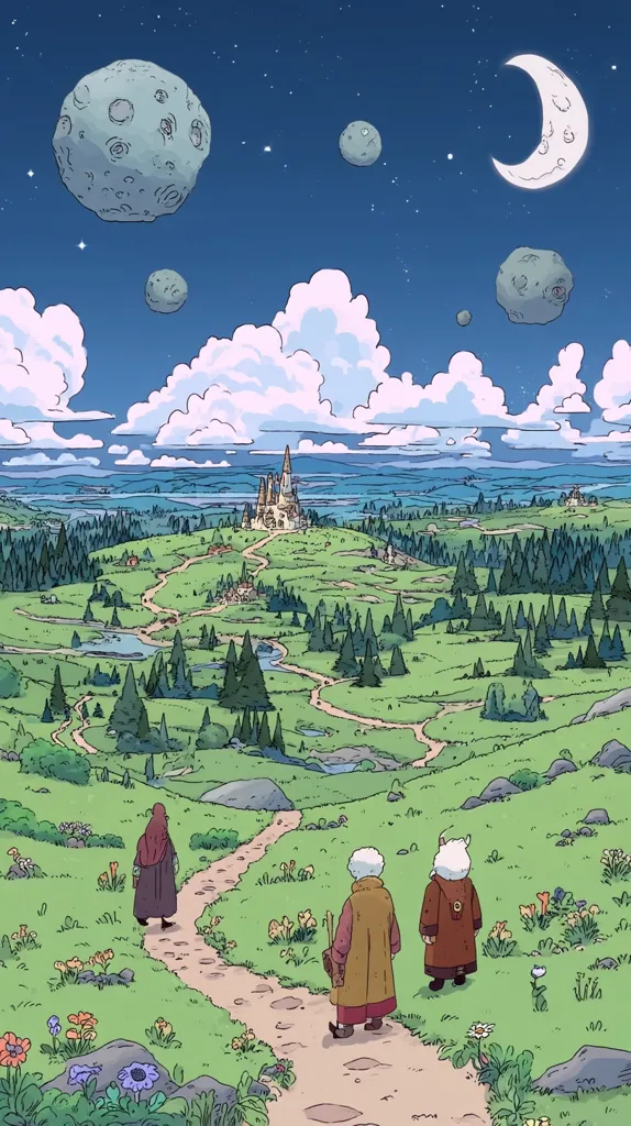Three figures journey along a winding path towards a distant, fairytale-like castle nestled amidst a verdant landscape.  The scene is set under a whimsical night sky, adorned with a crescent moon and several unusual celestial bodies.  Rolling hills, scattered trees, and wildflowers paint a peaceful and enchanting picture.  The overall style is reminiscent of children's book illustrations.
