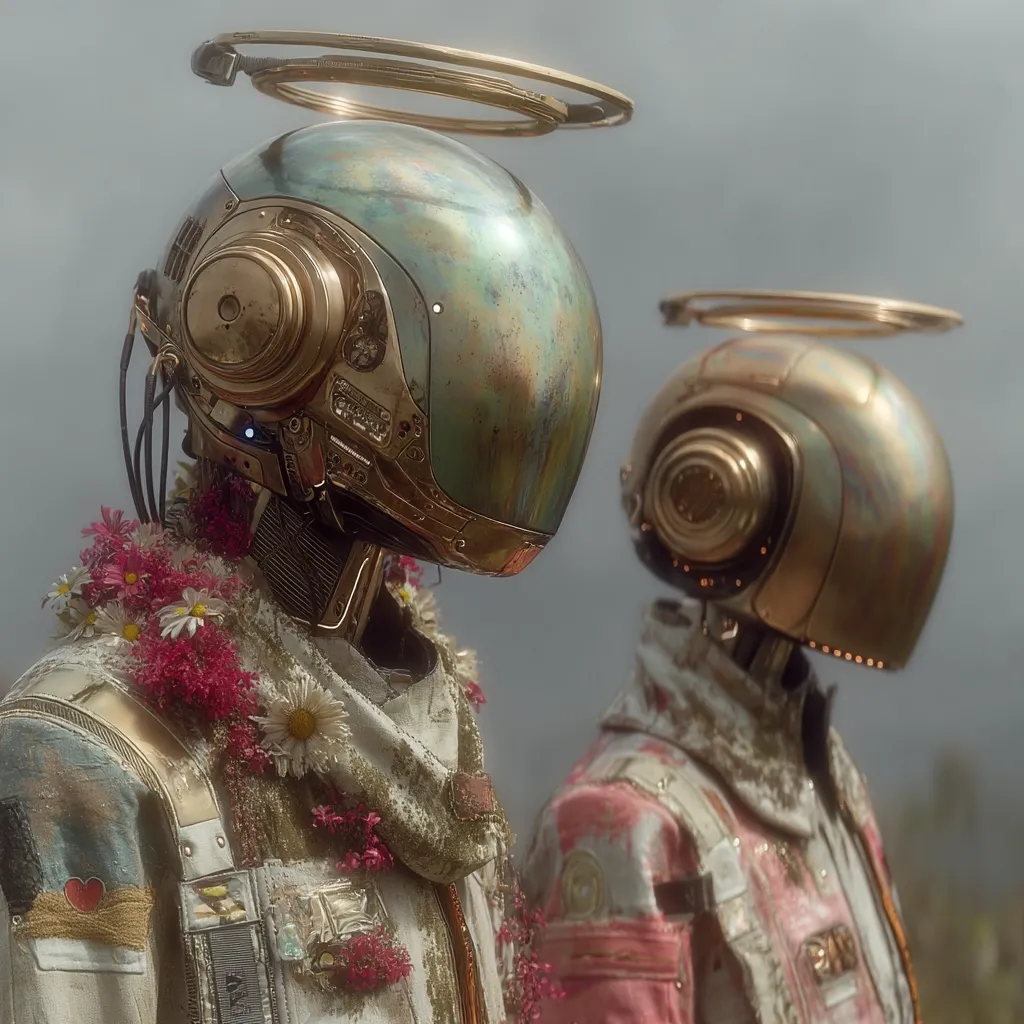 Two golden robots, adorned with halos and floral embellishments, stand side-by-side. Their weathered suits suggest a journey through time or harsh environments.  The intricate detailing on their helmets and suits hints at a futuristic or fantastical setting.  The juxtaposition of delicate flowers with metallic surfaces creates a striking visual contrast.  The overall mood is serene yet slightly melancholic.