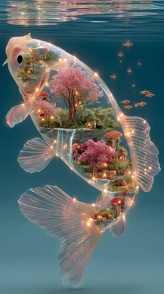 A translucent koi fish swims underwater, its body containing a miniature, vibrant ecosystem.  Pink cherry blossoms, lush greenery, waterfalls, and glowing mushrooms populate this internal world.  Small, orange fish swim in the surrounding water, creating a surreal and enchanting scene. The overall effect is one of ethereal beauty and delicate balance.