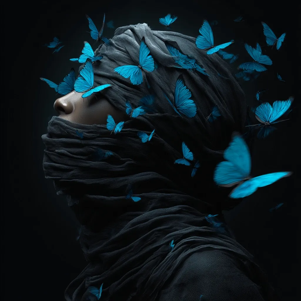 A dark, stylized portrait of a person's face partially veiled in a dark gray fabric.  Vibrant, electric blue butterflies flutter around the head and veil, creating a surreal and ethereal atmosphere. The image evokes mystery and transformation, with the butterflies symbolizing change or freedom. The dark background enhances the contrast and dramatic effect.