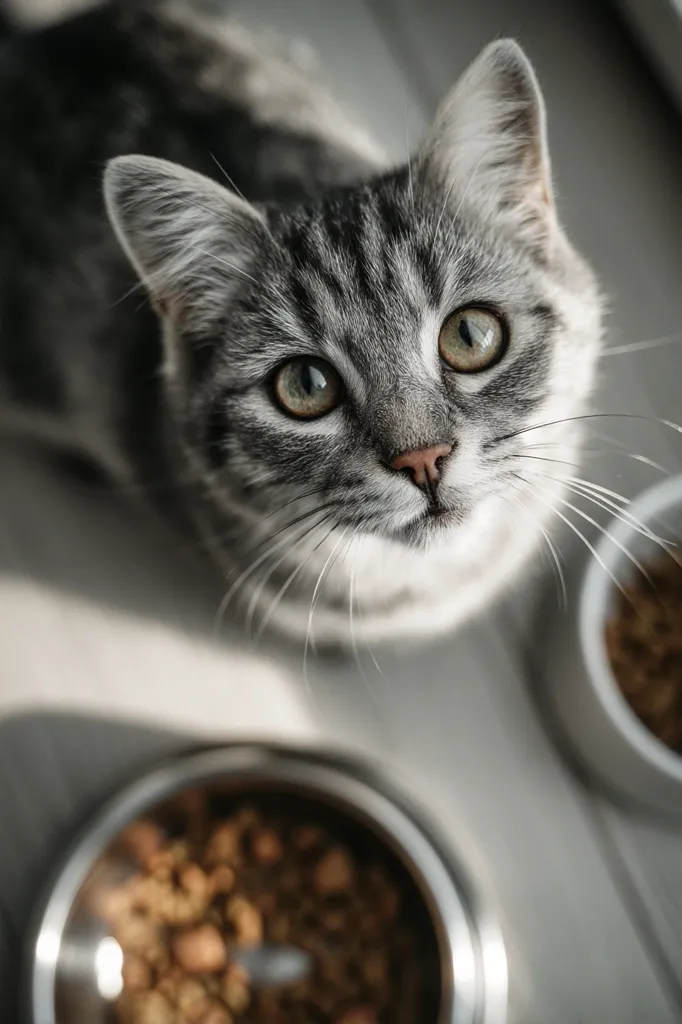 A grey tabby cat looks directly up at the camera, its large green eyes wide and expressive.  Two bowls of cat food are visible in the foreground, slightly out of focus, suggesting the cat is anticipating a meal. The cat's fur is soft and its whiskers prominent. The overall mood is one of gentle curiosity and hunger.