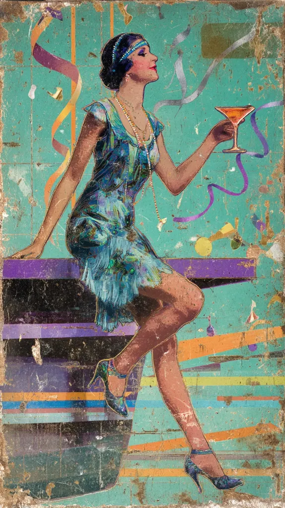A flapper girl in a teal fringed dress sits on a ledge, holding a cocktail glass.  The background is a vibrant teal with streaks of orange, purple, and other colors, suggesting a party atmosphere.  Confetti and ribbons float around her. The image has a vintage, distressed look, possibly imitating an old poster or advertisement. Her style and pose are characteristic of the roaring twenties.