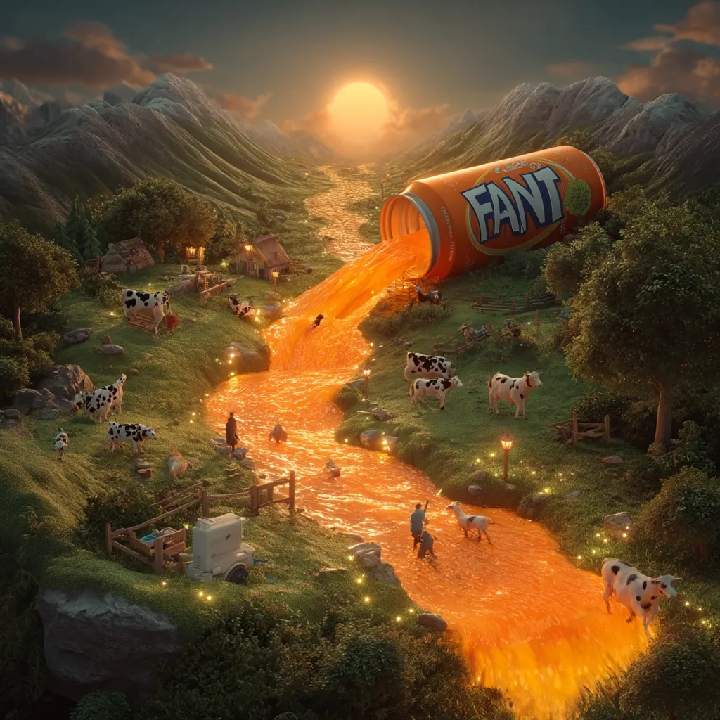 A giant Fanta can spills its orange soda into a tranquil valley at sunset.  The fizzy liquid flows like a river through a pastoral scene, past grazing cows, a small village, and figures walking along its banks.  Fireflies illuminate the magical landscape, creating a surreal and whimsical atmosphere. The overall scene is a fantastical blend of nature and the sugary drink.