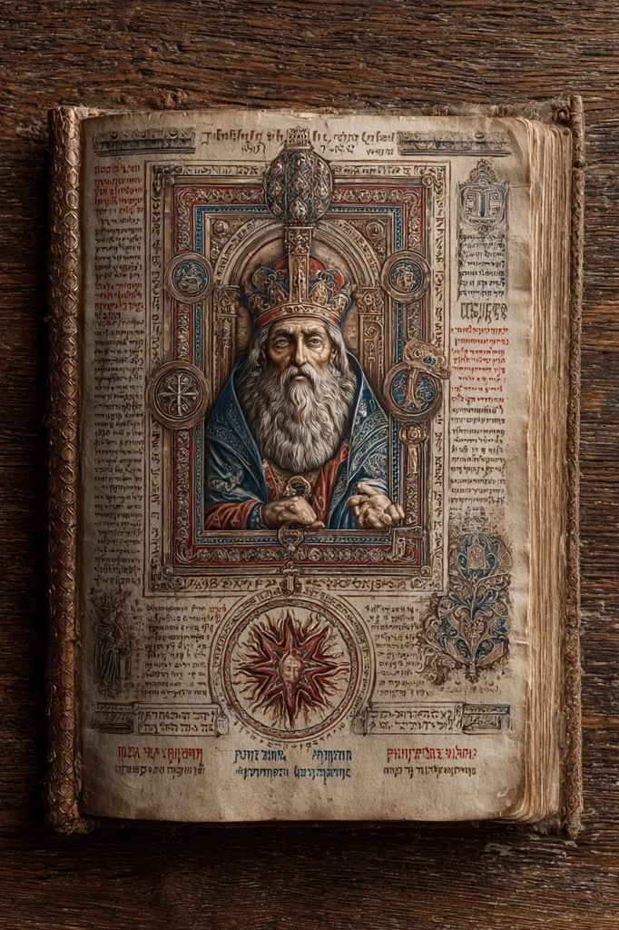 An antique book, possibly a religious text, lies open revealing an ornate illustration.  The central image depicts a crowned, long-bearded man, possibly a king or saint, in regal robes.  The page is filled with intricate, hand-drawn details, including decorative borders, symbolic motifs, and what seems to be an ancient script surrounding the main illustration.  The overall aesthetic suggests a medieval or Byzantine style.