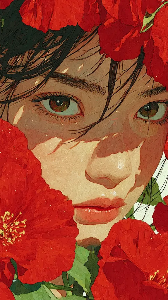 A close-up, stylized portrait of a woman's face partially obscured by vibrant red flowers.  Her dark hair blends with the petals, creating a dramatic contrast.  The painting style emphasizes texture, with visible brushstrokes giving a painterly feel to the skin and blossoms.  Her expression is serene and slightly mysterious, enhancing the overall artistic mood.