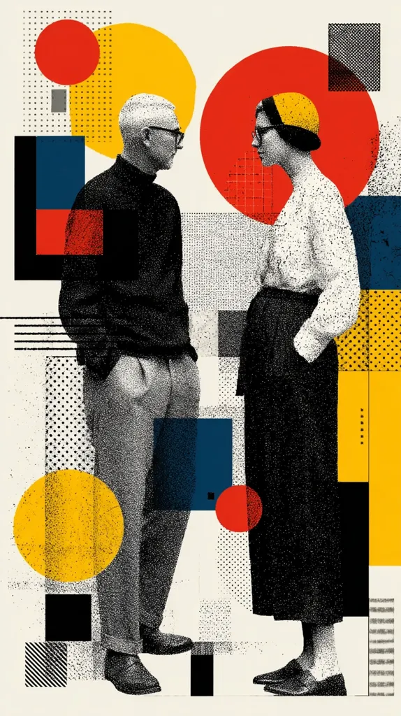 A stylized illustration depicts a man and woman facing each other against a bold geometric background.  The figures are rendered in a grainy, textured style, with the woman wearing a cap and loose-fitting attire.  The background incorporates circles, squares, and lines in primary colors, creating a vibrant, abstract collage. The overall style suggests a modern interpretation of geometric art.