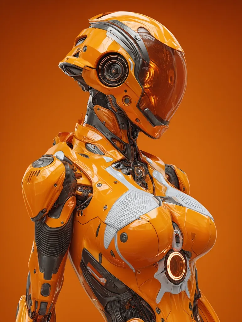 A vibrant orange female android, meticulously detailed, stands against a matching backdrop.  Her glossy, polished shell reveals intricate mechanical components beneath.  A sleek, translucent orange helmet completes her futuristic design, showcasing a blend of organic and technological aesthetics. The robot's pose suggests a moment of quiet contemplation.