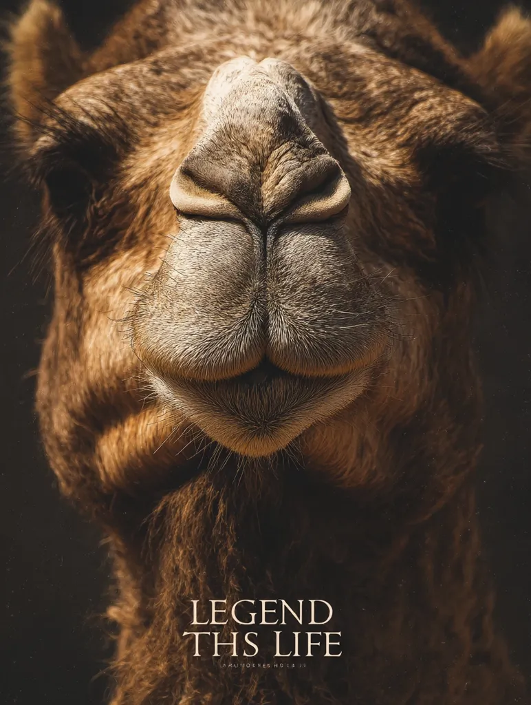 A close-up shot of a camel's face, focusing on its distinctive nose and mouth.  The camel's fur is a rich, warm brown, and the image is dark and moody.  The text "LEGEND THIS LIFE" is overlaid on the bottom, adding a contemplative tone. The overall impression is one of strength, resilience, and a sense of the mysterious.
