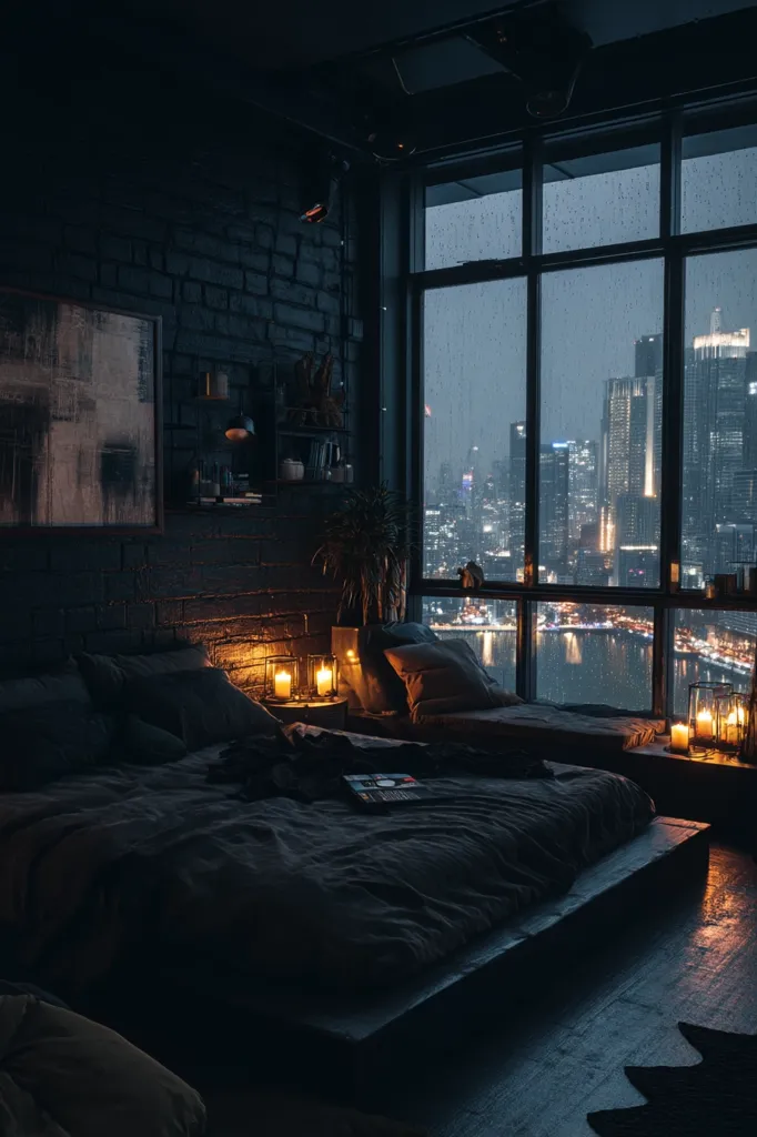 A dimly lit bedroom with a dark, brick wall features a large bed draped in dark linens.  Candles glow softly on a side table, casting a warm light against the backdrop of a rain-streaked city skyline visible through a expansive window. The overall mood is dark, cozy, and romantic.  A sense of urban sophistication is evoked by the city views and dark decor.