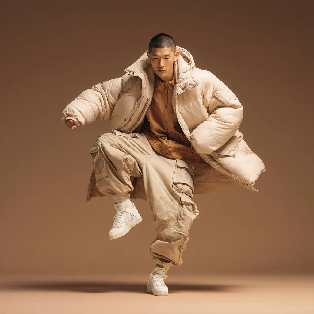 A young Asian man is dynamically posed mid-air, showcasing a monochromatic beige outfit. He wears an oversized puffer jacket, cargo pants, and white high-top sneakers. His expression is serious and focused, suggesting a sense of movement and energy. The muted background enhances the focus on his stylish attire and athletic stance.  The overall image projects a blend of urban streetwear and contemporary fashion.