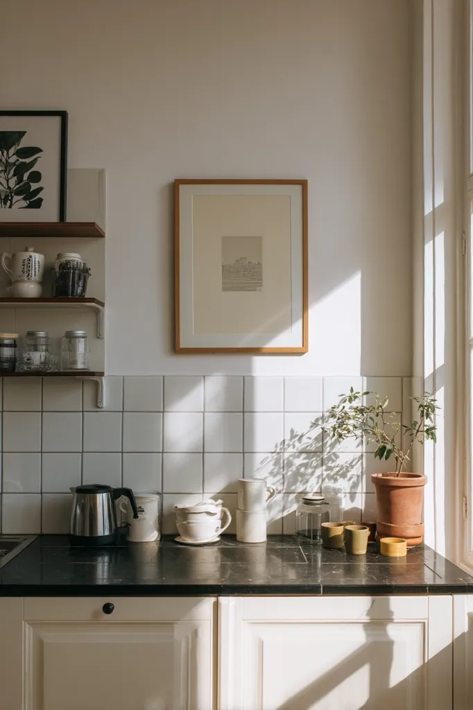 A bright kitchen features a minimalist aesthetic.  Sunlight streams through a window, illuminating a dark countertop with a kettle, mugs, and small jars.  A small olive plant sits in a terracotta pot.  White subway tiles and cream-colored cabinets create a clean, calming atmosphere.  Simple framed artwork hangs on the wall above open shelving holding kitchenware. The overall feel is serene and stylish.