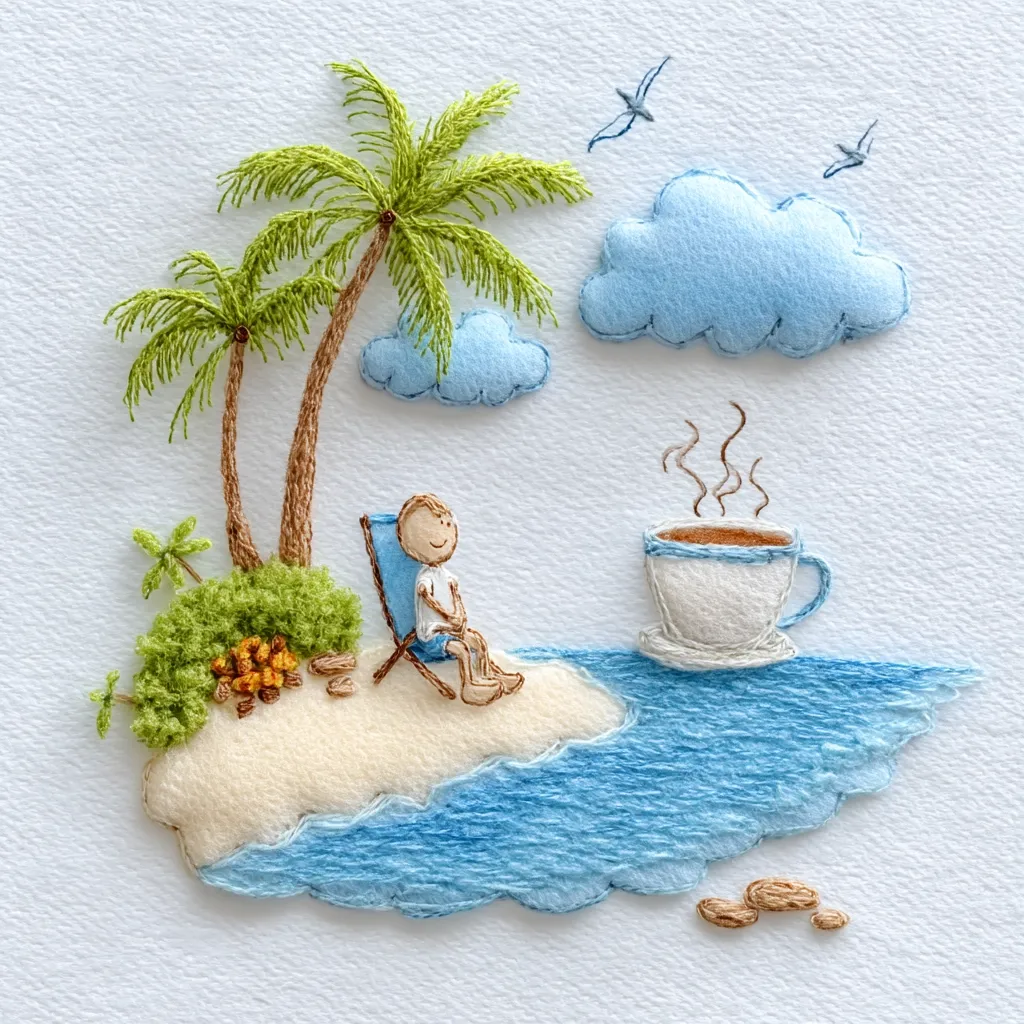 A charming embroidery depicts a tranquil island scene.  A stylized person relaxes in a beach chair beneath palm trees on a small sandy island, surrounded by turquoise water.  A steaming cup of coffee sits nearby, and fluffy clouds drift in a light blue sky.  Small birds fly overhead, adding to the peaceful, idyllic atmosphere. The entire piece is crafted with meticulous stitching, creating a miniature world of calm.