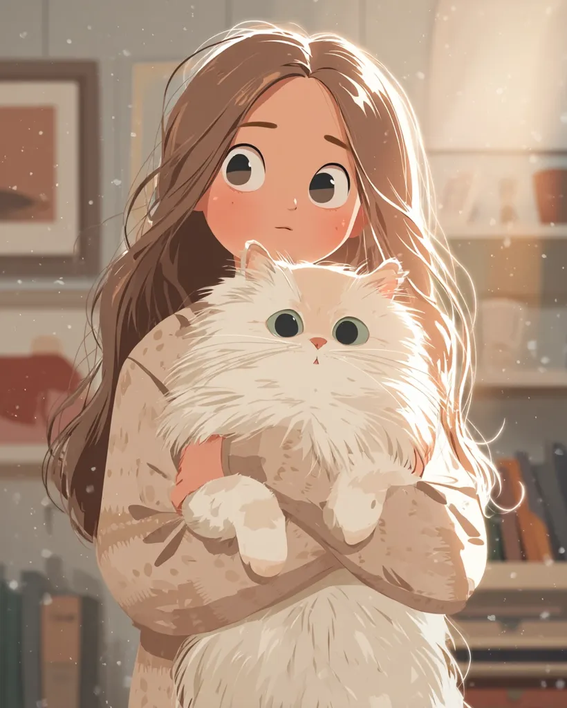 The illustration depicts a young girl with long brown hair, rosy cheeks, and large eyes.  She's gently cradling a fluffy white cat, its large eyes mirroring the girl's.  Both girl and cat appear calm and content. The setting is a softly lit room, suggesting warmth and tranquility, with bookshelves and framed pictures subtly visible in the background.  Dust motes float in the sunlit air, adding to the peaceful atmosphere.