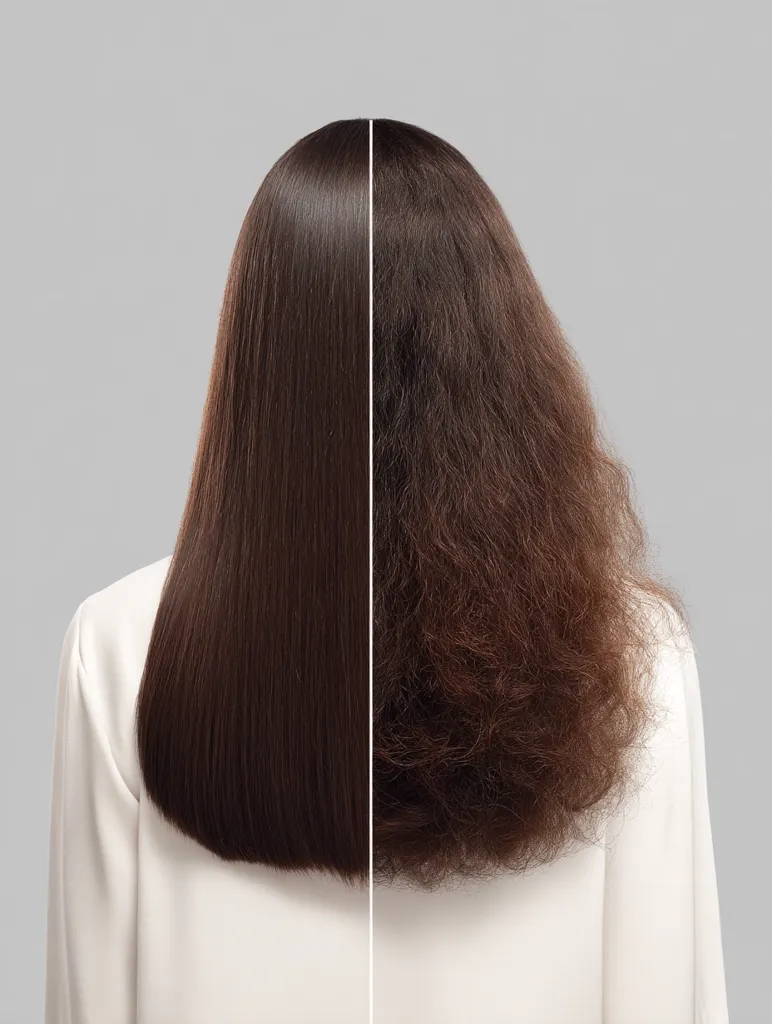 The image shows a before-and-after comparison of hair treatment.  One side displays smooth, sleek, dark brown hair, while the other side shows the same hair appearing dry, frizzy, and damaged.  The split view demonstrates the effectiveness of a hair treatment or styling product in achieving smoother, healthier-looking hair.