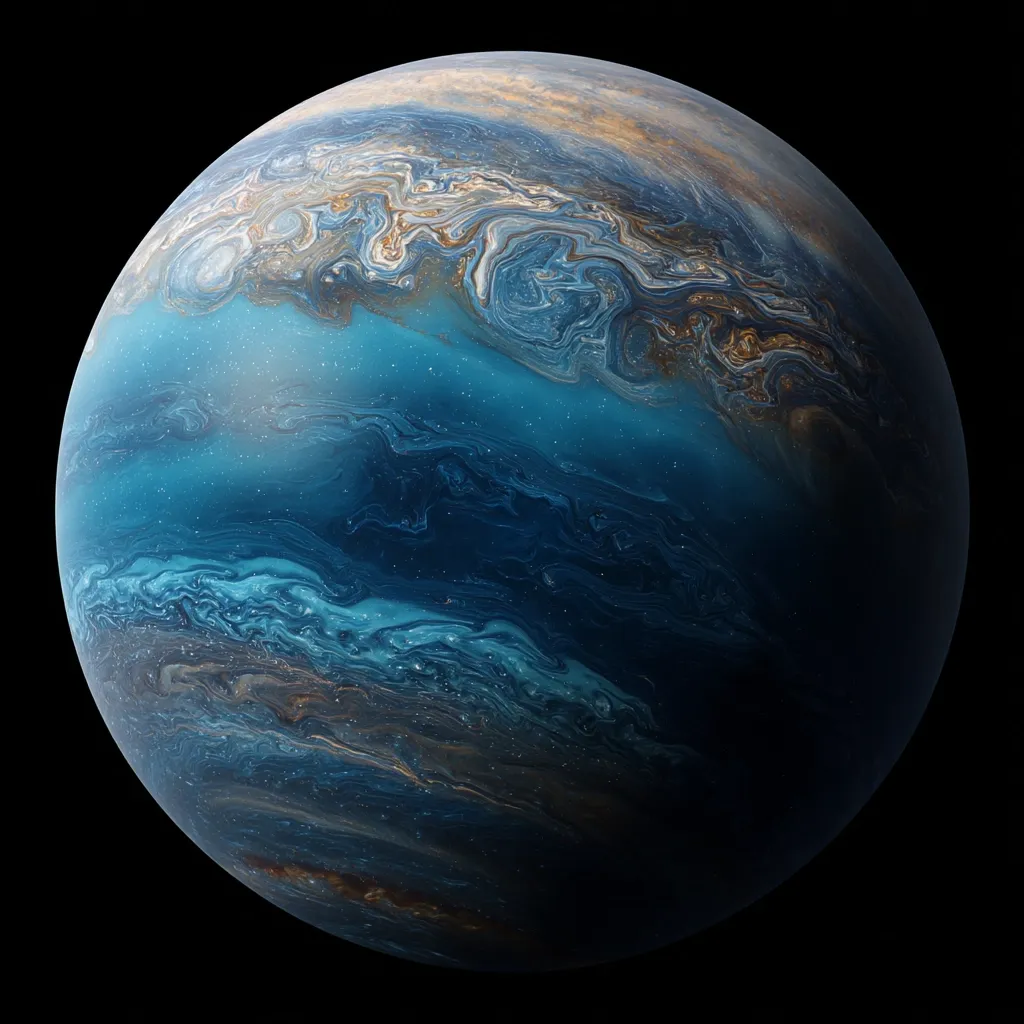 A digitally created image depicts a planet, predominantly blue and teal, with swirling patterns resembling clouds or atmospheric formations.  Bands of darker blues and browns create a marbled effect across the surface.  The planet is set against a stark black background, emphasizing its vibrant colors and intricate details.  The overall impression is of a celestial body with a dynamic, almost fluid atmosphere.