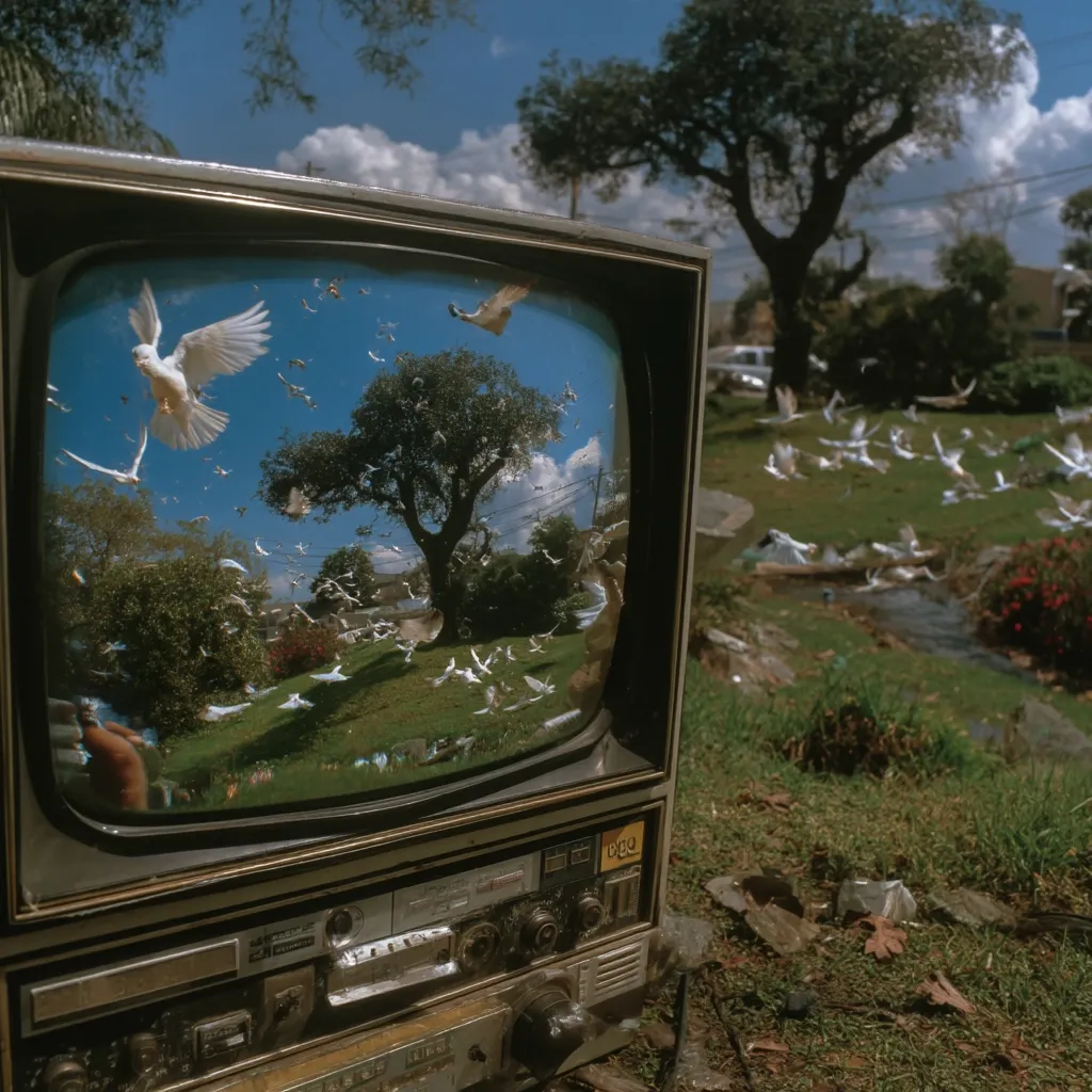 An old television set sits outdoors, its screen reflecting a vibrant scene of numerous white birds in flight against a sunny sky.  The reflection shows trees and a grassy area, creating a surreal juxtaposition between the natural world and the outdated technology. The television appears to be an older model, adding to the vintage aesthetic.  The background shows a tranquil, green landscape.