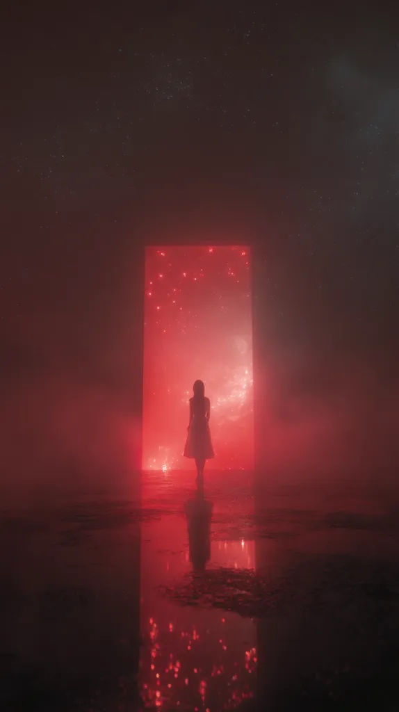 A lone woman in a dress stands silhouetted before a glowing red doorway.  The doorway reveals a vibrant, nebula-like scene.  The scene is bathed in a reddish fog, creating a mysterious and ethereal atmosphere.  Her reflection is visible in the wet floor, mirroring the otherworldly spectacle. The overall mood is dreamlike and subtly unsettling.