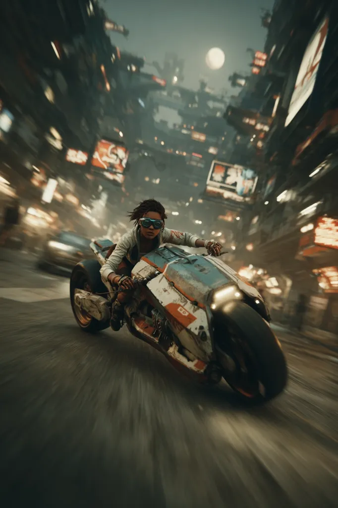 A young woman with goggles speeds through a futuristic, densely packed city on a customized motorcycle.  The city's architecture is a blend of towering structures and intricate, layered designs. Motion blur emphasizes the bike's velocity, creating a sense of dynamism and urgency.  The scene is dimly lit, with a large moon visible in the distance, adding to the atmospheric cyberpunk aesthetic.