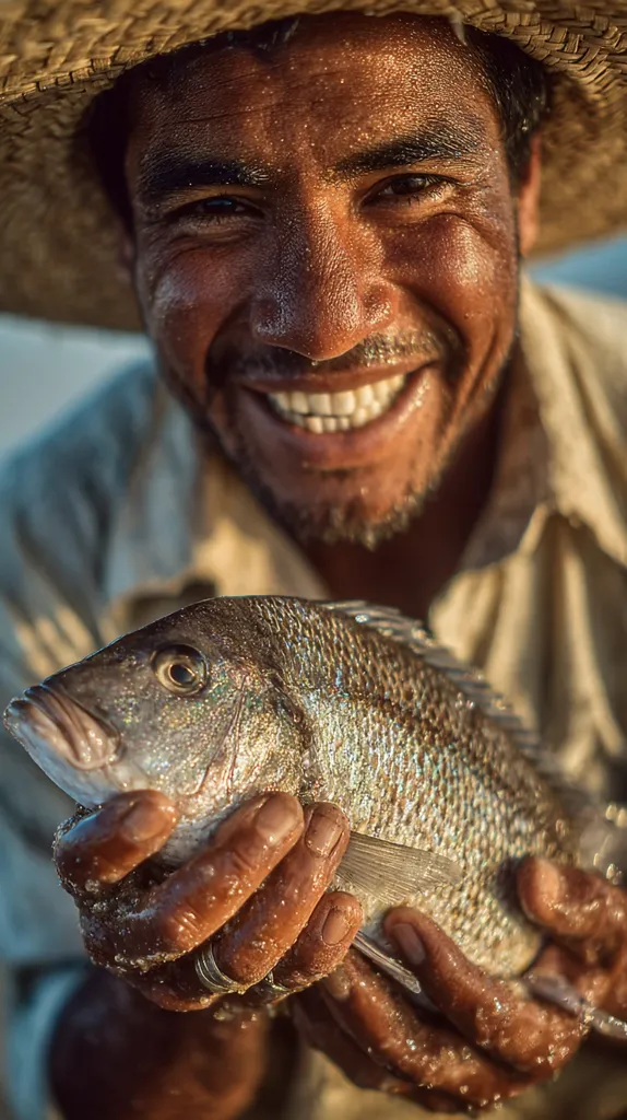 A close-up shot of a smiling fisherman, his face glistening with sweat, proudly displays a freshly caught fish.  He wears a wide-brimmed straw hat and a simple light-colored shirt. The fish, silvery and speckled, is held gently in his sun-weathered hands. The overall scene conveys a sense of pride and the simple joys of a life connected to the sea.