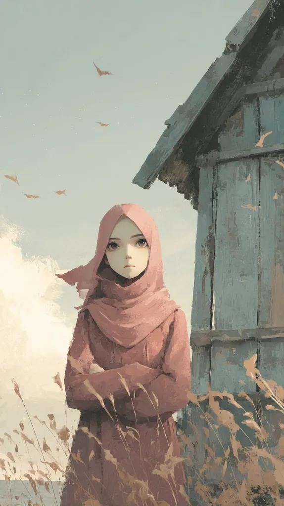A young woman, wearing a pink hijab, stands with her arms crossed in a field of tall grass.  She gazes directly at the viewer with a serene expression. Behind her, a weathered, gray wooden shack leans against a pale sky, where a few birds fly. The overall style is painterly and evokes a sense of quiet contemplation.