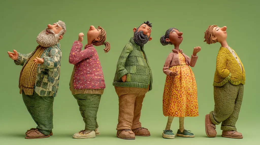 Five whimsical clay figurines stand in a row against a muted green background.  Each figure is uniquely styled, wearing textured clothing in earthy tones.  They exhibit varied postures and expressions, suggesting a narrative or moment captured in time.  The figures appear handmade, showcasing a distinct artistic style with attention to detail in their features and garments.