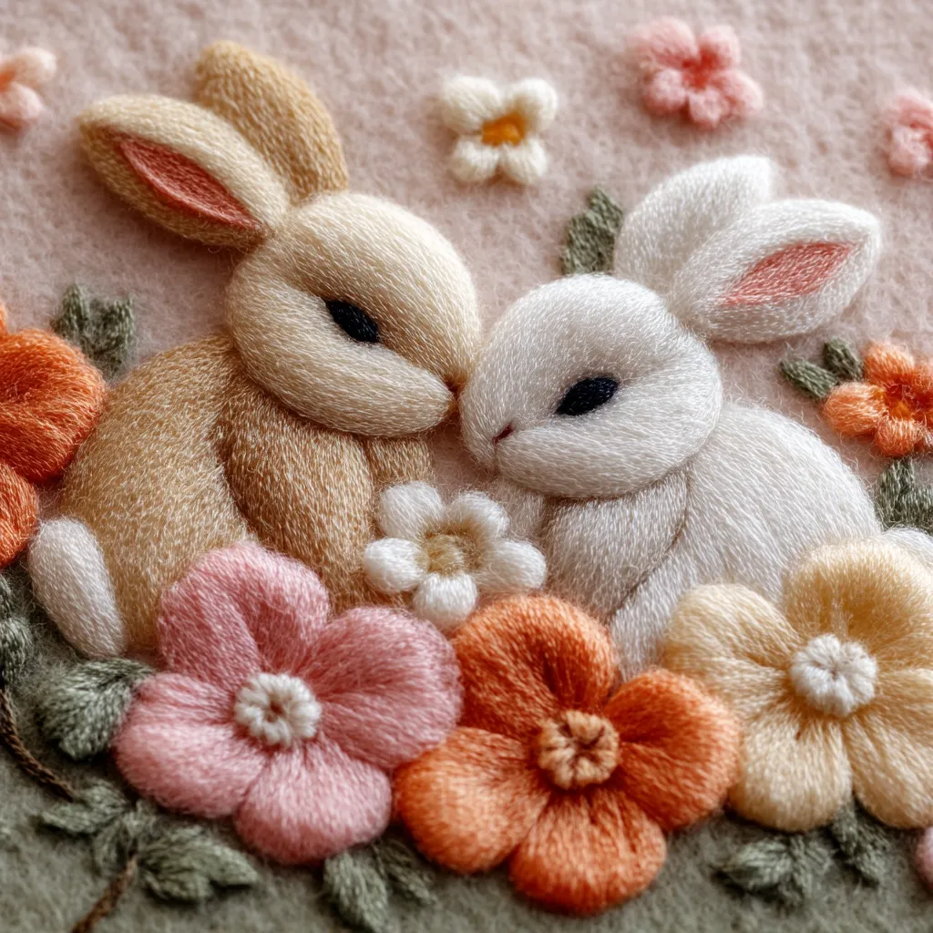 A close-up shot reveals a delightful embroidery featuring two fluffy bunnies nestled amidst a vibrant array of flowers.  The bunnies, one light brown and the other white, are positioned in a tender embrace.  The flowers, in shades of pink, orange, and cream, are meticulously crafted with a textured, three-dimensional effect, enhancing the overall charm and artistry of the piece.