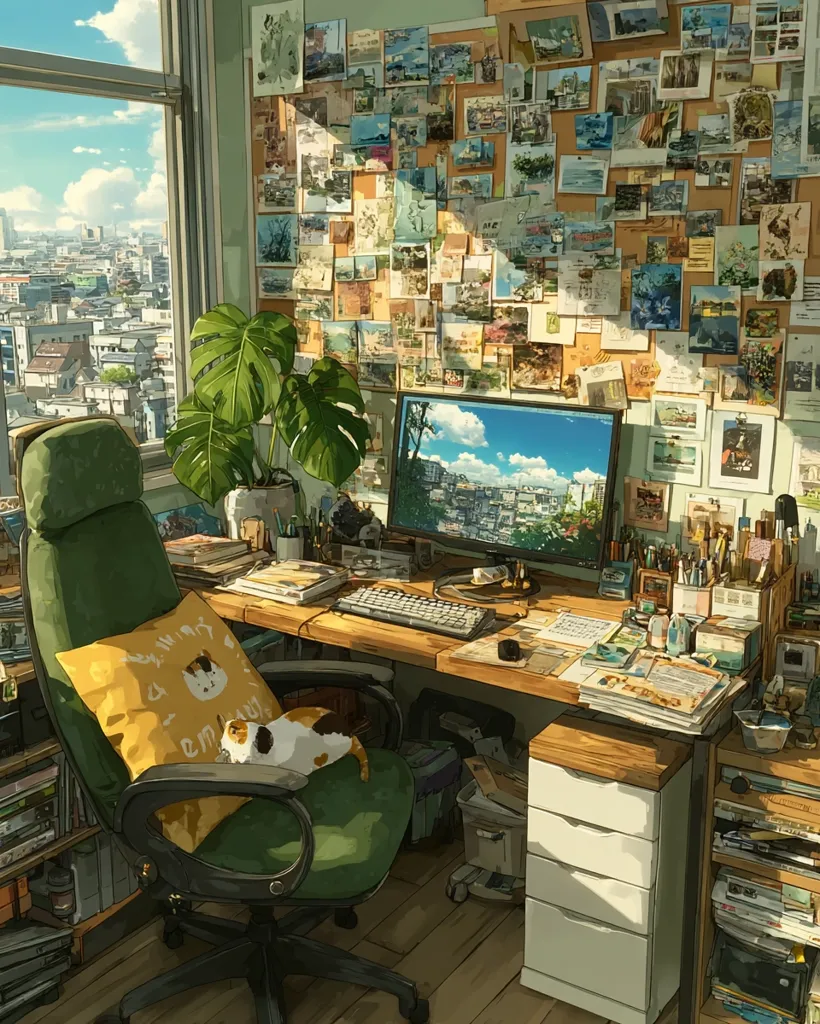 A sunlit workspace boasts a large desk cluttered with art supplies, books, and a computer displaying a cityscape.  A green office chair holds a calico cat, and a monstera plant sits nearby.  A wall is covered in a vibrant collage of postcards and photos, adding to the room's artistic and personal atmosphere.  The view from the large window shows a sprawling city under a bright sky.