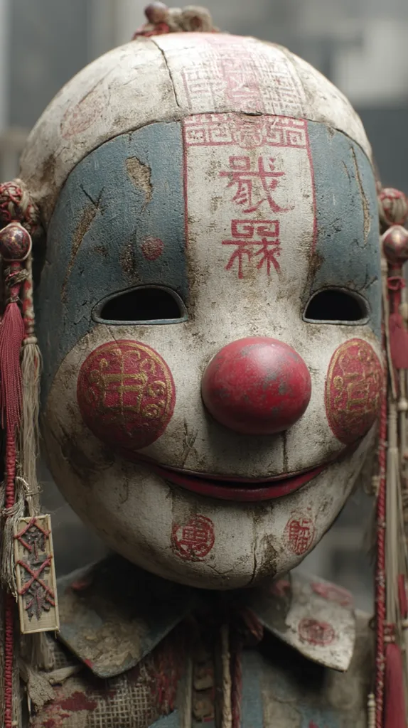 A close-up reveals a weathered, doll-like figure adorned in a mask resembling a clown.  The mask is predominantly off-white, with blue sections, and features a red nose.  Chinese characters and circular stamps are visible on its surface, adding to its antique aesthetic.  The doll's clothing is similarly aged and textured, contributing to an overall sense of antiquity and perhaps a haunted or unsettling atmosphere.  Long, red cords hang from the mask's sides.