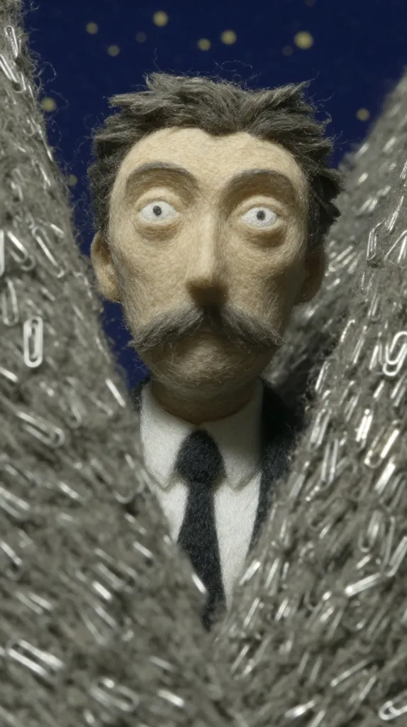 A stop-motion animation still depicts a meticulously crafted felt figure, possibly representing a historical person, with a serious expression.  He's framed by two masses of paperclips, creating a sense of confinement or overwhelming detail. The background is a dark blue, speckled with tiny golden lights suggesting a night sky. The overall mood is somber and slightly unsettling.