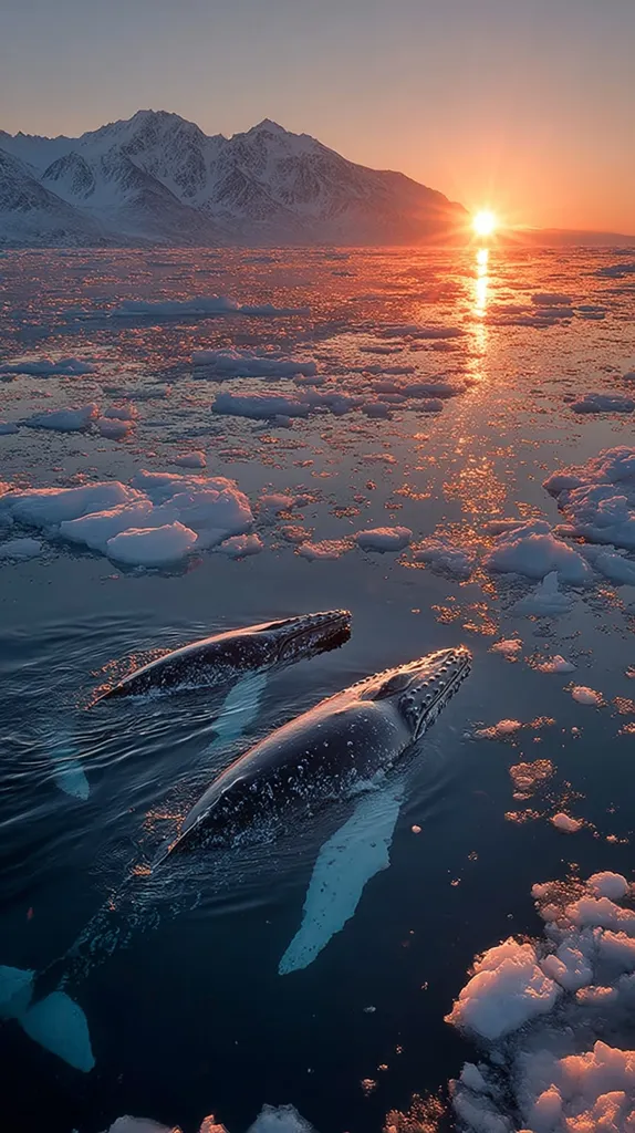 Two humpback whales swim in icy Arctic waters at sunset.  Snow-capped mountains rise in the distance, silhouetted against a fiery orange sky.  The sun's reflection glistens on the water's surface, illuminating the floating ice floes.  The scene is serene and breathtaking, showcasing the beauty of the Arctic wilderness.