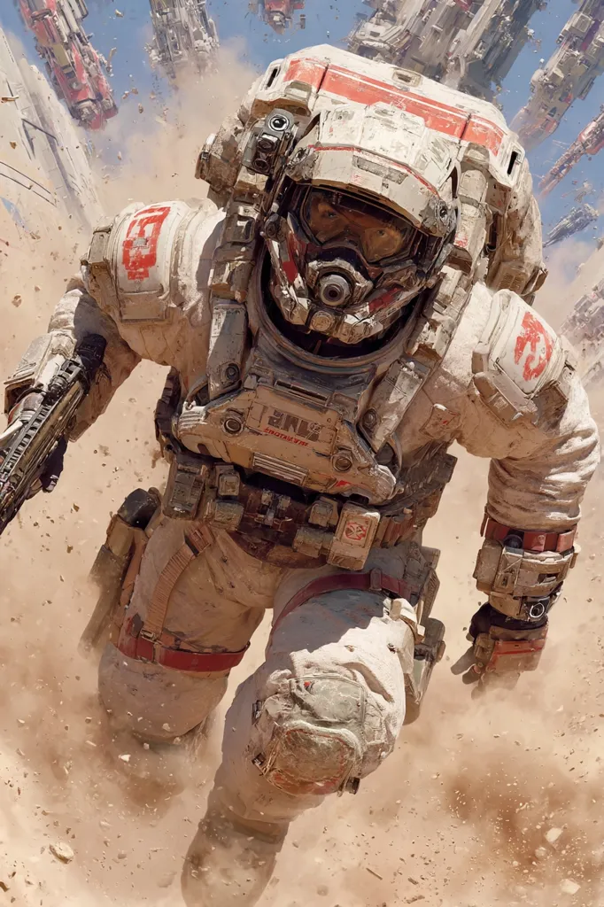 A weathered astronaut in a heavily armored, off-white suit sprints through a dusty, desolate landscape.  The suit shows signs of battle damage, and the astronaut carries a weapon.  Large, damaged spacecraft litter the background, suggesting a post-apocalyptic or war-torn environment.  The overall tone is one of action and grit.