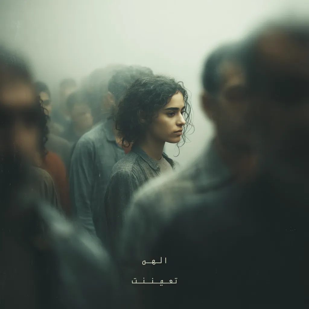 A young woman with curly dark hair stands pensively amidst a blurred crowd.  The atmosphere is hazy and somber, suggesting a feeling of anonymity or unease.  She's dressed in muted tones, blending into the indistinct figures surrounding her.  The image is moody and evocative, with a sense of quiet contemplation.  Arabic text is subtly placed at the bottom.