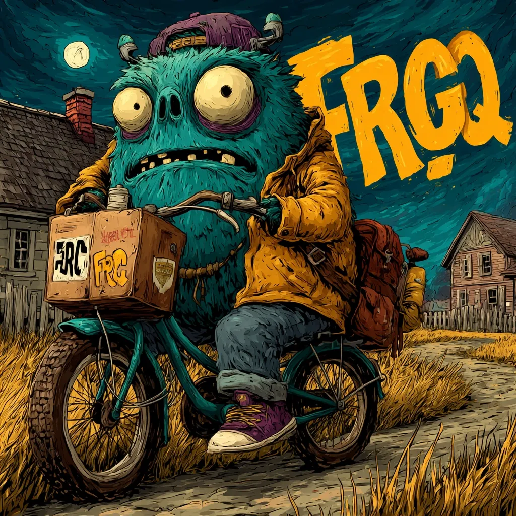 A whimsical illustration depicts a furry teal monster riding a bicycle at night.  Wearing a yellow jacket and purple sneakers, the monster carries a box labeled "FRC" on its bike's front carrier.  The scene is set in a rural landscape under a full moon, with rustic houses visible in the background.  The word "FRGQ" is prominently displayed, possibly a brand or title. The overall style is vibrant and cartoonish, with exaggerated features and bold colors.