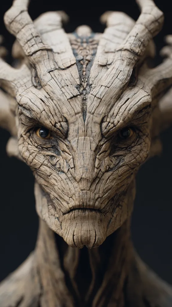 A close-up reveals a creature resembling weathered wood. Its face is intricately detailed, showcasing a textured surface reminiscent of tree bark.  Intense, dark eyes contrast with the pale wood-like skin.  The creature's head features prominent, branch-like protrusions, adding to its otherworldly and slightly unsettling appearance. The image evokes a sense of ancient age and mysterious power.
