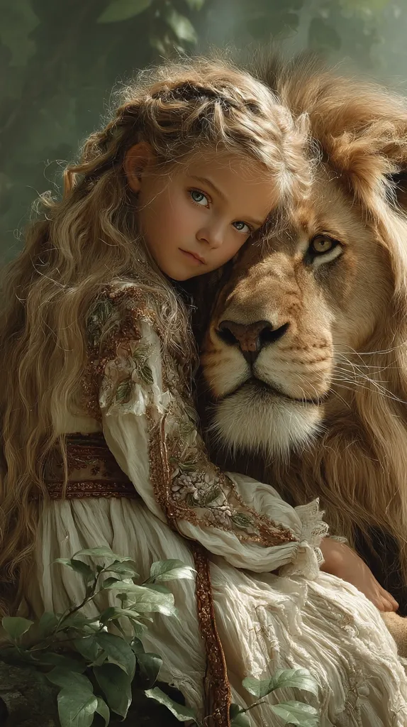 A young girl with long blonde hair, wearing a flowing, ornate cream-colored dress, rests her head against a majestic lion.  The girl's gentle expression contrasts with the lion's powerful features, creating a serene and captivating scene.  The setting appears to be a lush, green forest, adding to the mystical atmosphere of the image. The lighting is soft and ethereal, enhancing the dreamlike quality.