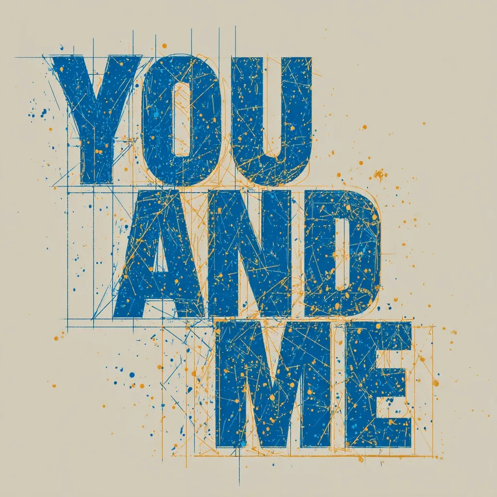 The image showcases a stylized graphic design featuring the words "YOU AND ME" in bold, blue capital letters.  The text is overlaid with a blueprint-like grid and scattered blue and gold paint splatters, creating a textured, distressed effect. The overall aesthetic is modern and slightly grunge, suggesting a romantic or sentimental message.