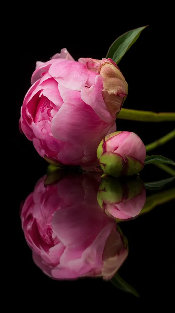 A close-up shot reveals a pink peony in full bloom, alongside a smaller, unopened bud.  The flowers are artfully arranged against a stark black background, creating a striking contrast.  Their reflection is mirrored perfectly on a glossy surface below, enhancing the image's symmetry and beauty.  The delicate petals and vibrant color of the peonies are emphasized by the dark setting.