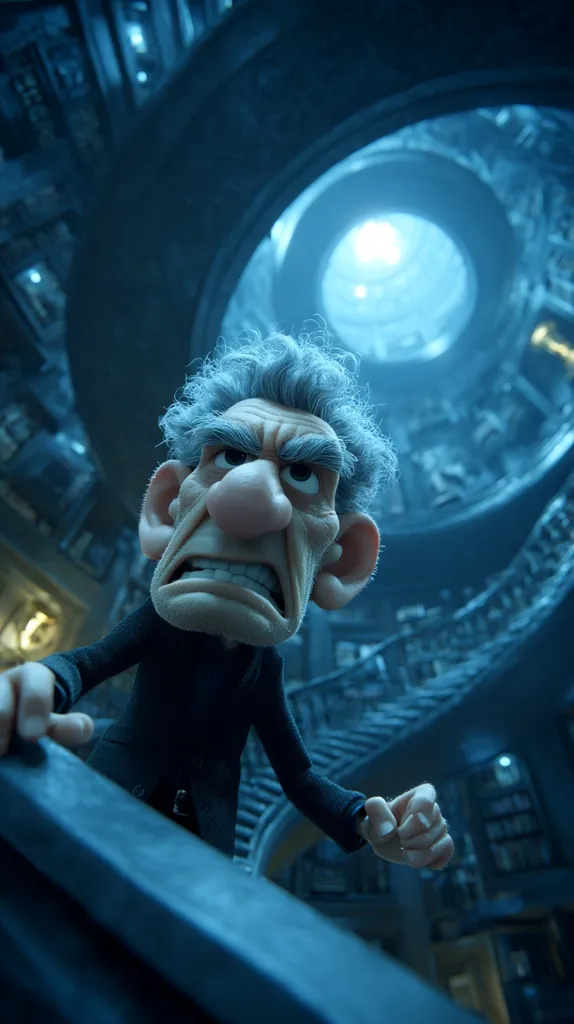 A stop-motion animated character, an older man with a stern expression, is depicted in a grand, circular library.  He's dressed in dark clothing and his face is detailed, showcasing wrinkles and a furrowed brow. The background features a spiral staircase and intricate architectural details, bathed in cool, blue lighting.  The overall mood is serious and slightly ominous.