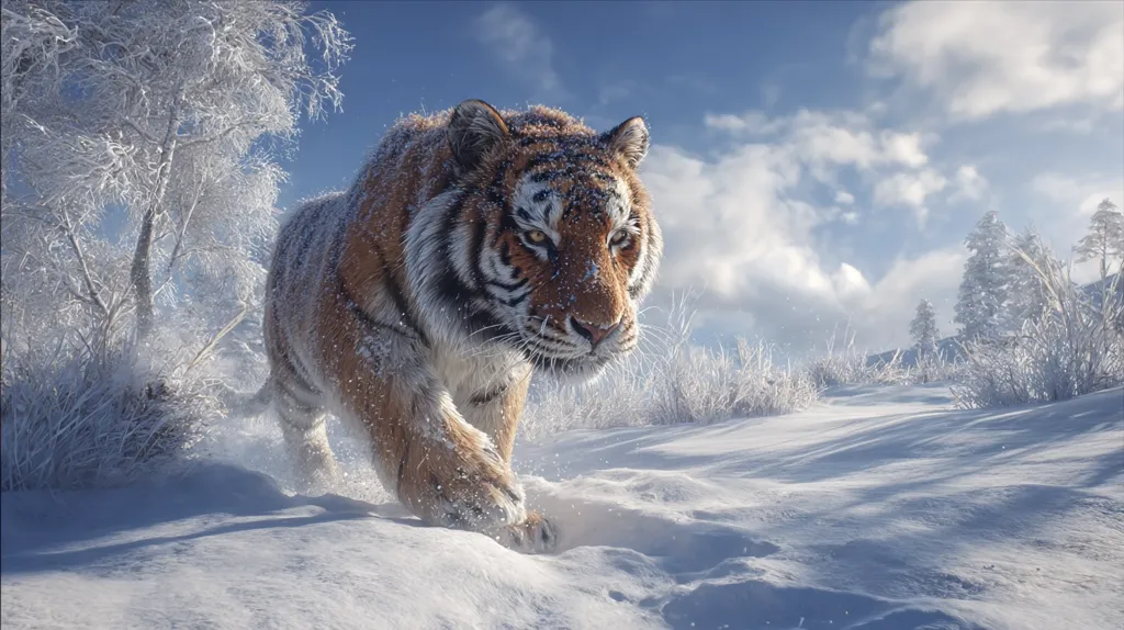 A majestic Siberian tiger, its fur dusted with snow, strides through a pristine winter landscape.  The tiger's intense gaze is fixed ahead, its powerful muscles suggested beneath the snowy coat.  Frost-covered trees and shrubs frame the scene under a bright, partly cloudy sky, creating a breathtakingly beautiful yet wild tableau.