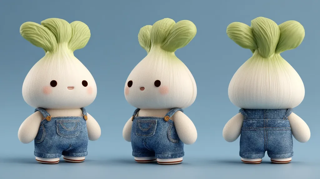 Three adorable 3D renderings of a cartoon onion character are shown. Each onion has a cute face and wears denim overalls.  The onions are viewed from the front, three-quarter view and back, showcasing their design from multiple angles. The background is a solid light blue.