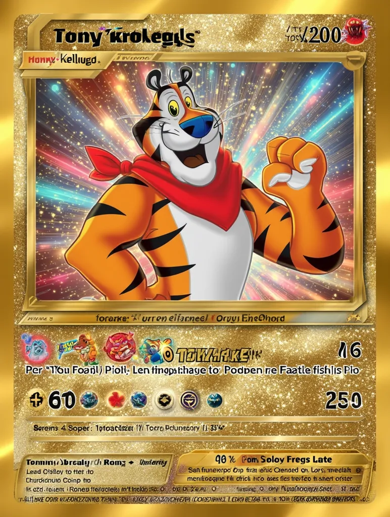 This is a fan-made Pokémon card featuring Tony the Tiger from Kellogg's Frosted Flakes.  The card is gold and features Tony in a superhero pose.  The card's name is "Tony 'Krolegils'," and its attack is called "Tokhaker," dealing 16 damage.  The card also has other stats and abilities described in a seemingly fictional language.