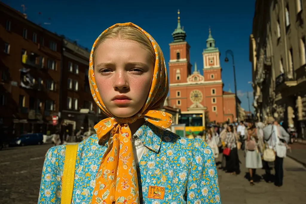 A young girl with fair skin and freckles wears a vibrant orange floral headscarf and a blue floral dress.  Her expression is serious. She stands in a sun-drenched city street, a large church forming the backdrop.  Other people are blurred in the background, suggesting a bustling city scene.  The overall impression is one of striking contrast between the girl's attire and the modern urban environment.