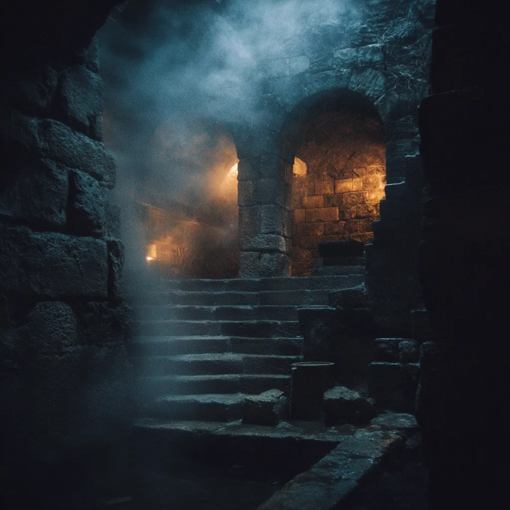 A dimly lit stone staircase descends into a mysterious, smoke-filled ancient structure.  The aged stone walls and arched doorway exude a sense of history and mystery.  Warm light emanates from deeper within the passage, contrasting with the cool, smoky atmosphere. The overall mood is dark, evocative, and slightly ominous.
