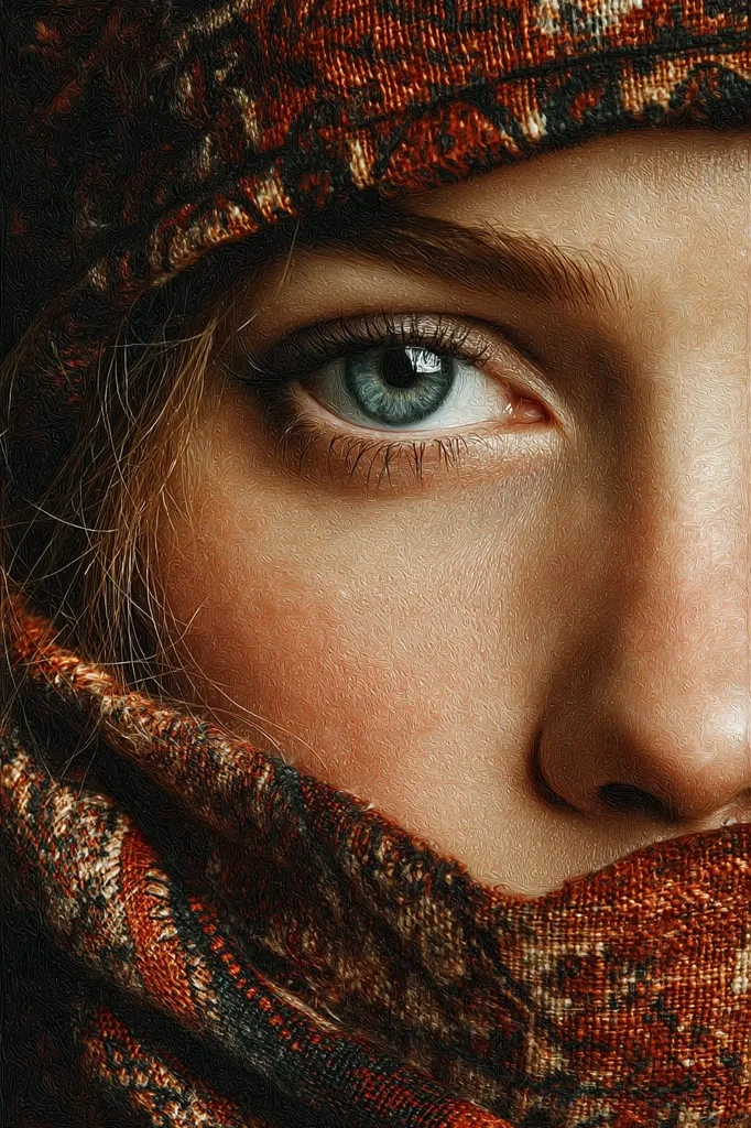 Close-up of a woman's face partially covered by a textured, reddish-brown scarf.  Her striking blue eye is visible, gazing directly at the viewer. The image has a painterly, almost impasto quality, emphasizing the texture of both skin and fabric.  The overall mood is one of mystery and intrigue.