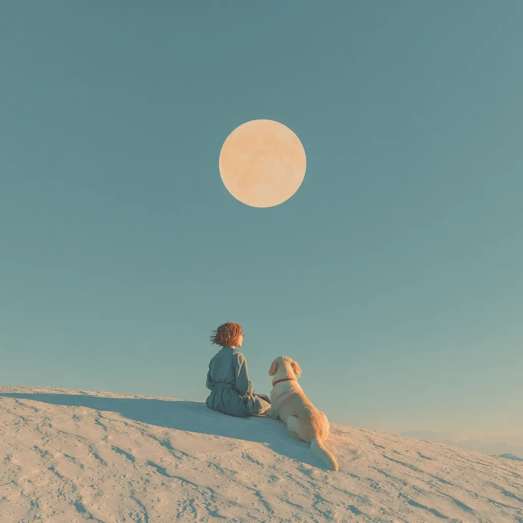 A woman with short brown hair sits on a snow-covered hill alongside a light-colored dog.  Both gaze upward at a large, pale yellow moon in a clear, teal sky.  The scene evokes a feeling of serenity and quiet contemplation under a vast, peaceful sky. The overall aesthetic is minimalist and calming.