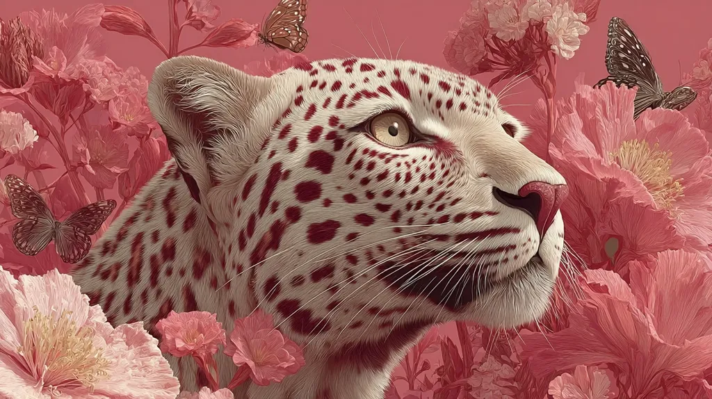 A close-up illustration depicts a white leopard with maroon spots, its head and shoulders slightly turned to the right.  It is surrounded by vibrant pink flowers and several butterflies, creating a striking contrast between the animal and the delicate floral setting. The style is highly realistic, with detailed fur and flower textures. The overall mood is serene and beautiful.